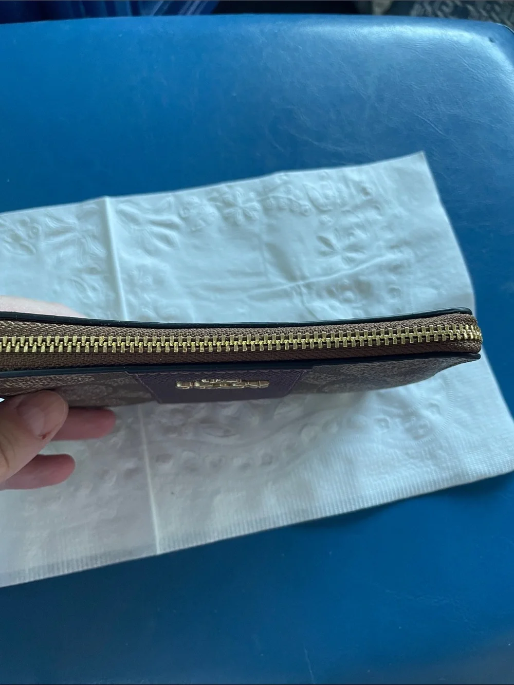 Coach Brown Signature Canvas Wristlet with Rose Stripe